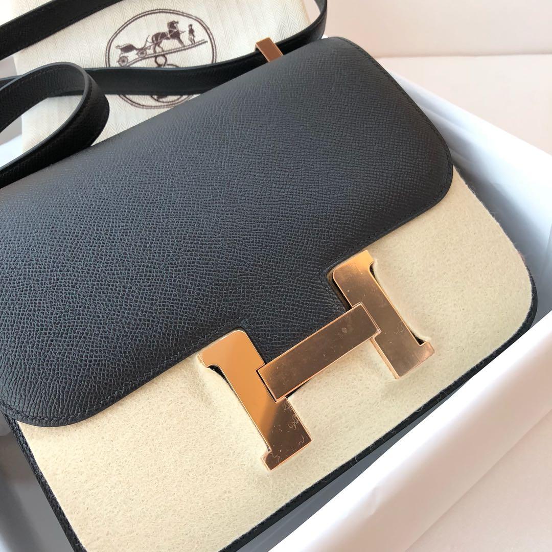 hermès constance 24 shiny noir porosus with white gold & diamond hardware