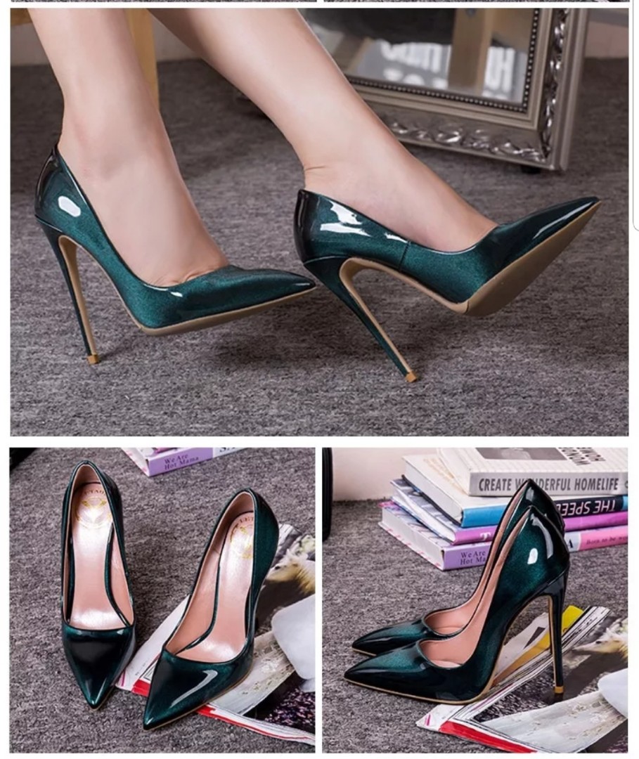 green patent leather pumps