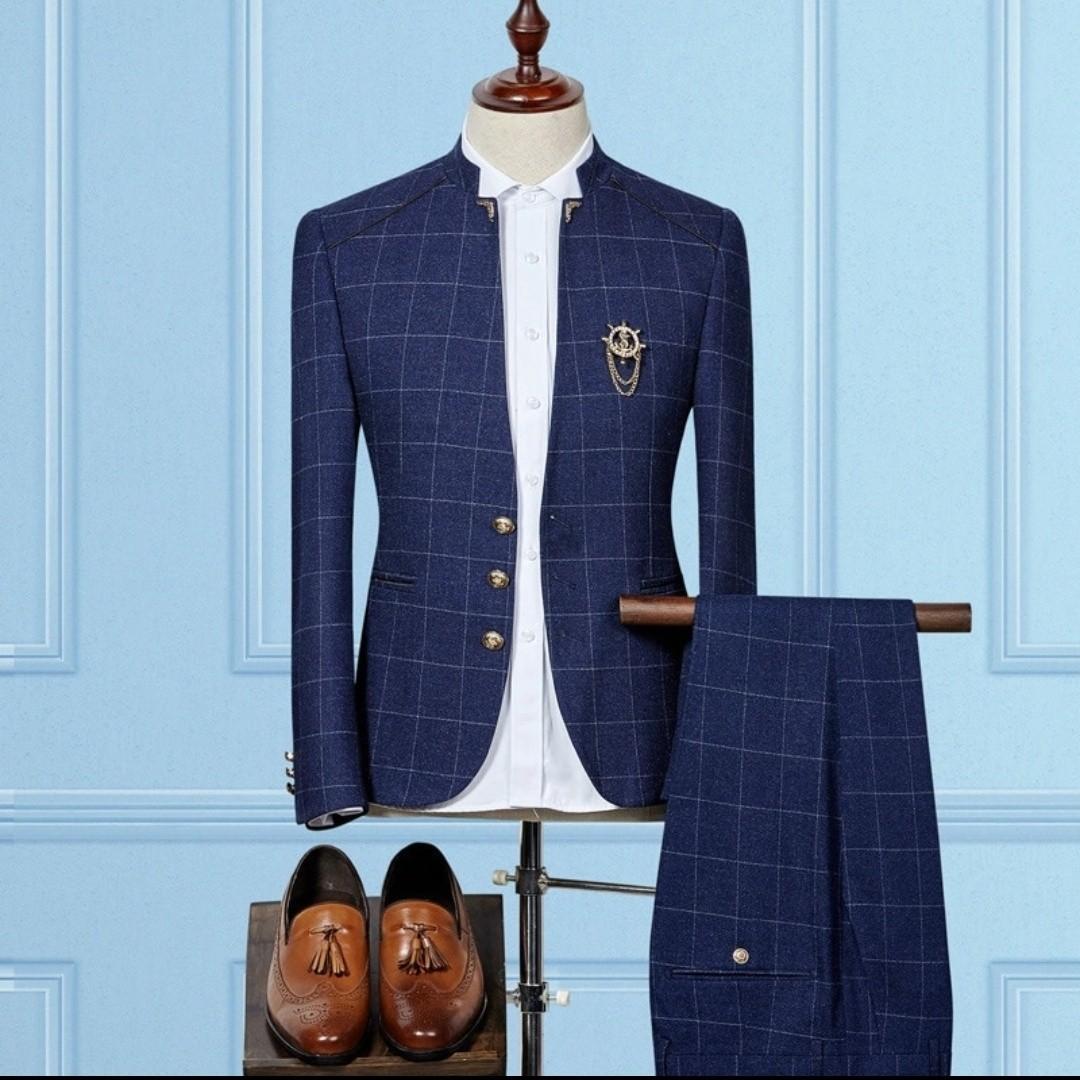 Wedding prom Men suits blue black checker plaid deisgn