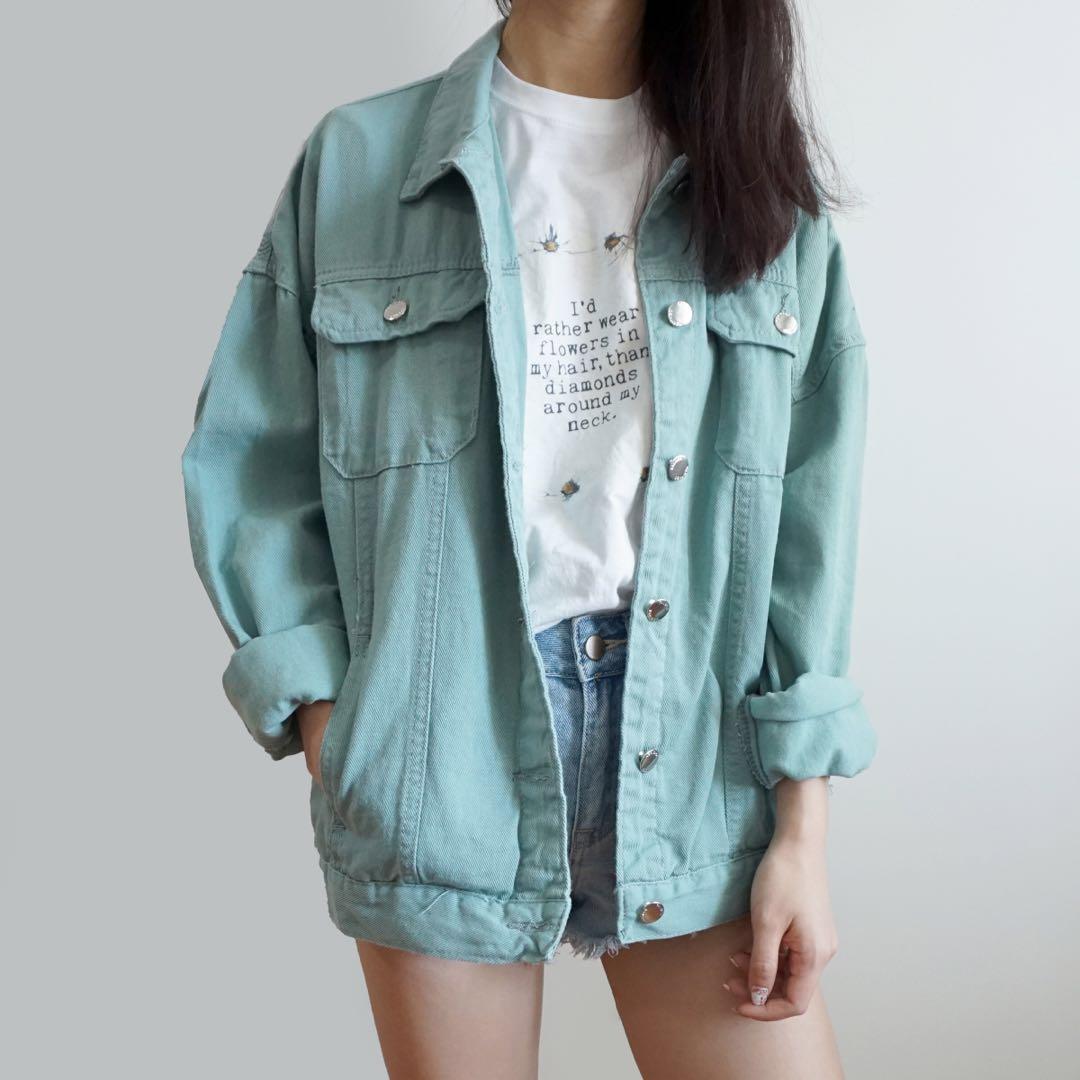 mint green denim jacket