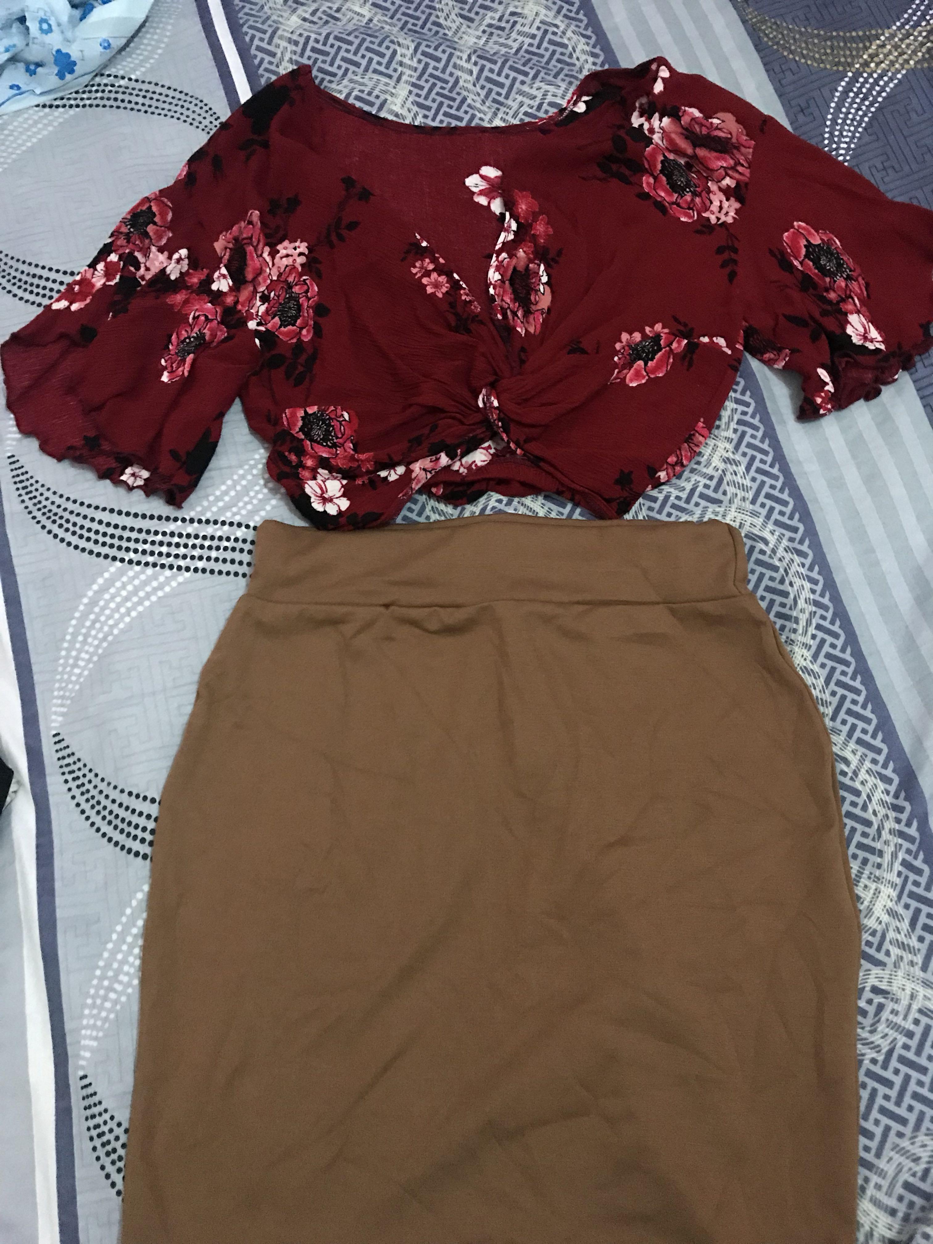 Brown skirt shop red shirt