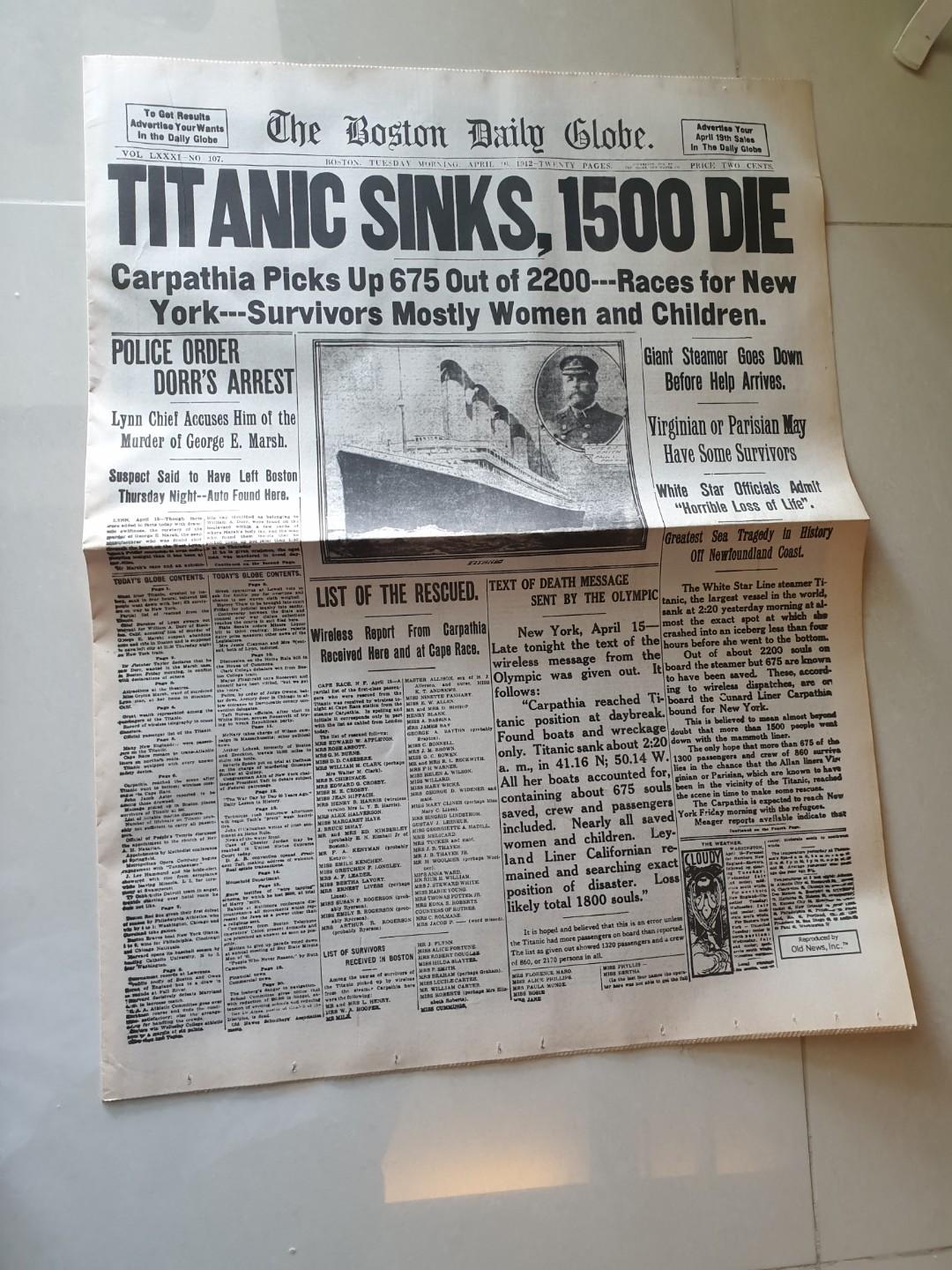 Titanic Sinks Old News Paper From Us In 1912 Vintage