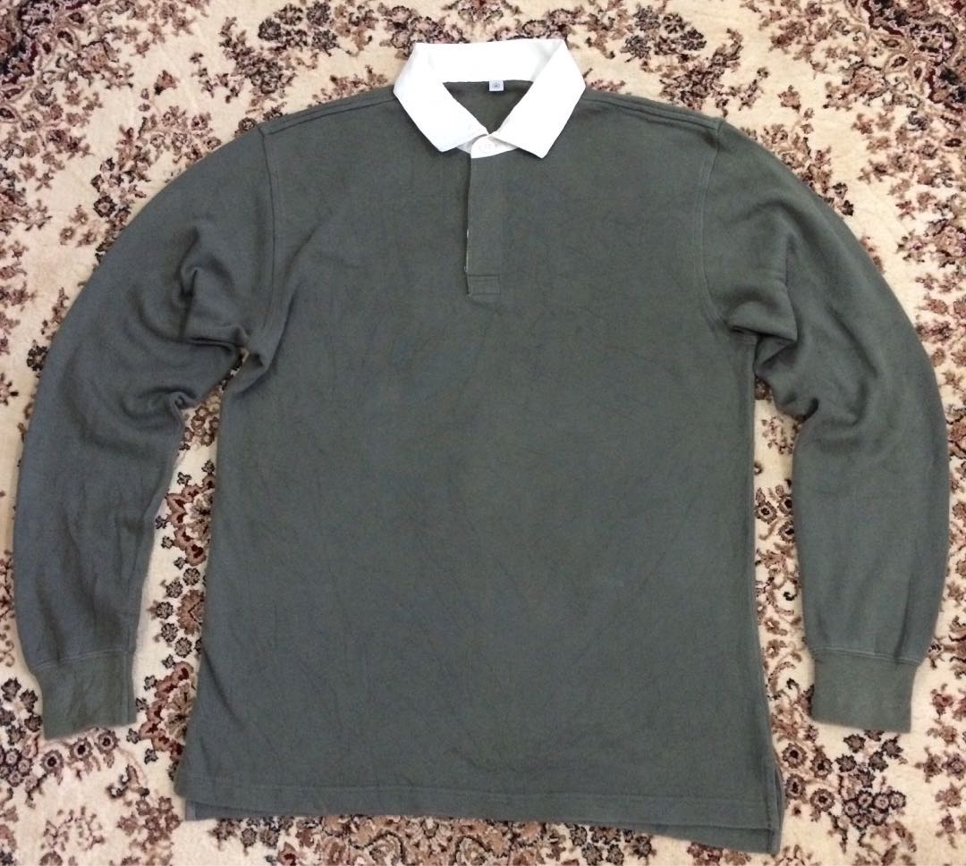 Uniqlo Olive Green Rugby Shirt Long Sleeve Original, Men's Fashion