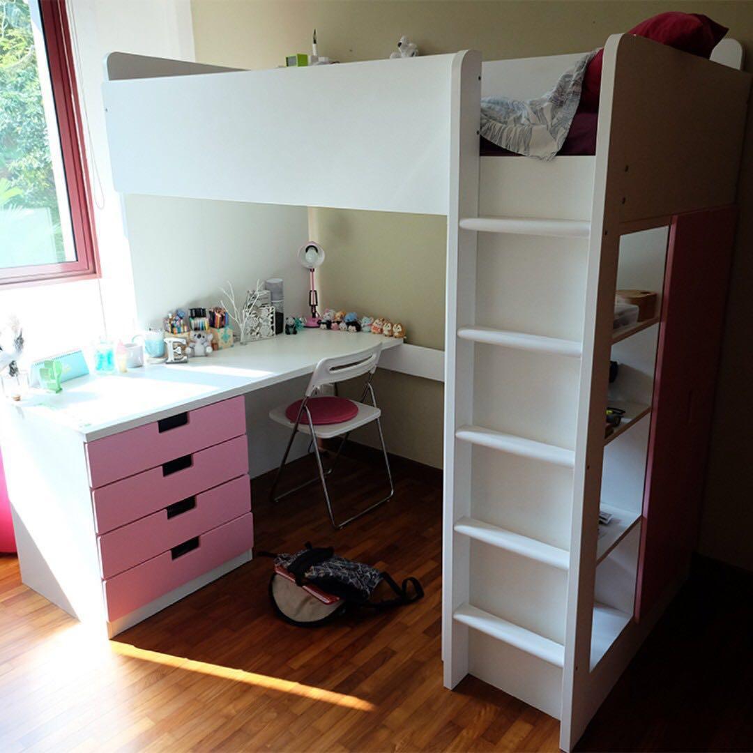 Loft Bed Combo W 4 Drawers 2 Doors White Light Pink Ikea