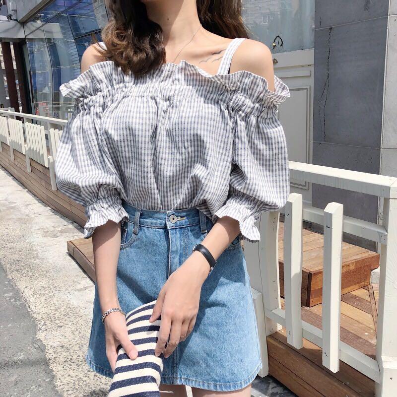 Off Shoulder Blouse Top Shirt Plaid Grid Checkered Ruffle Half