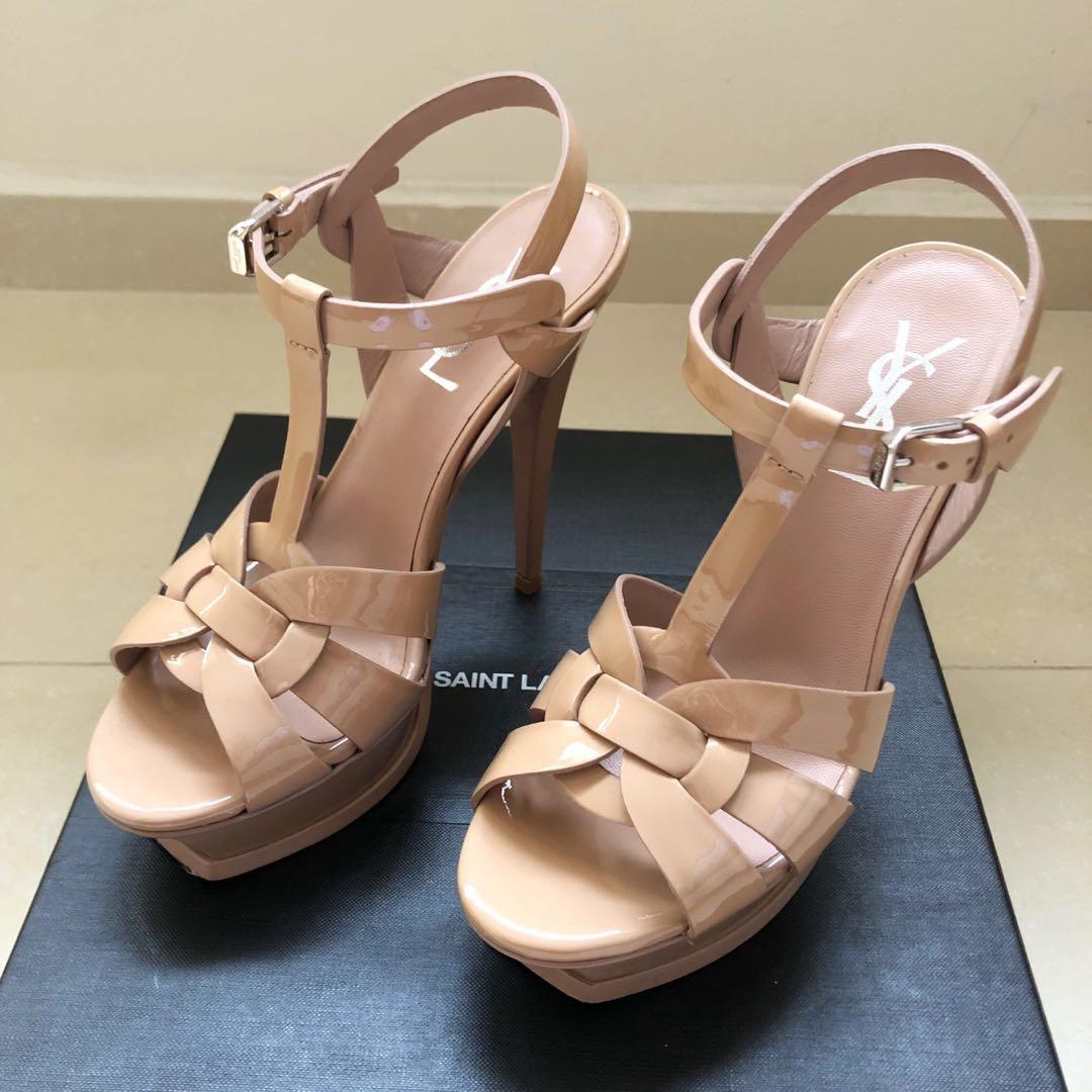 YSL Tribute 105 Sandal in Nude Patent 
