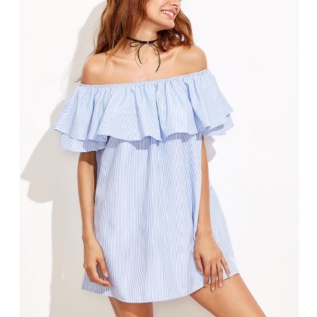 blue and white off the shoulder dress