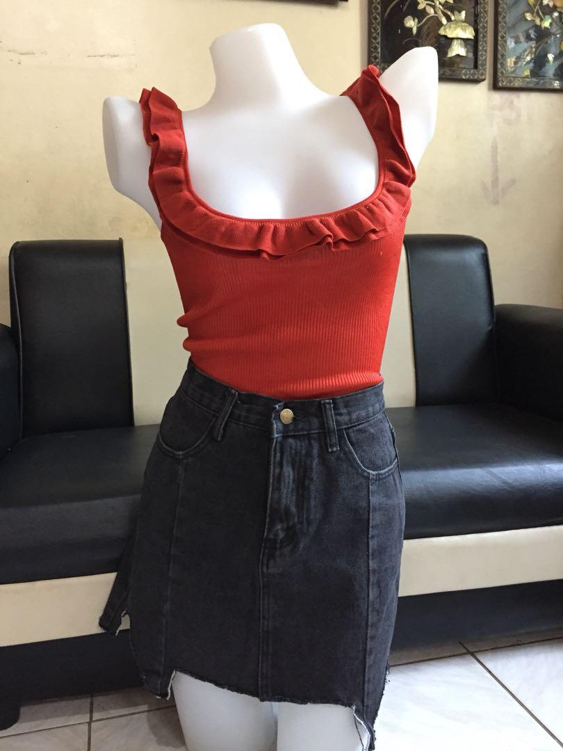 black denim skirt and top