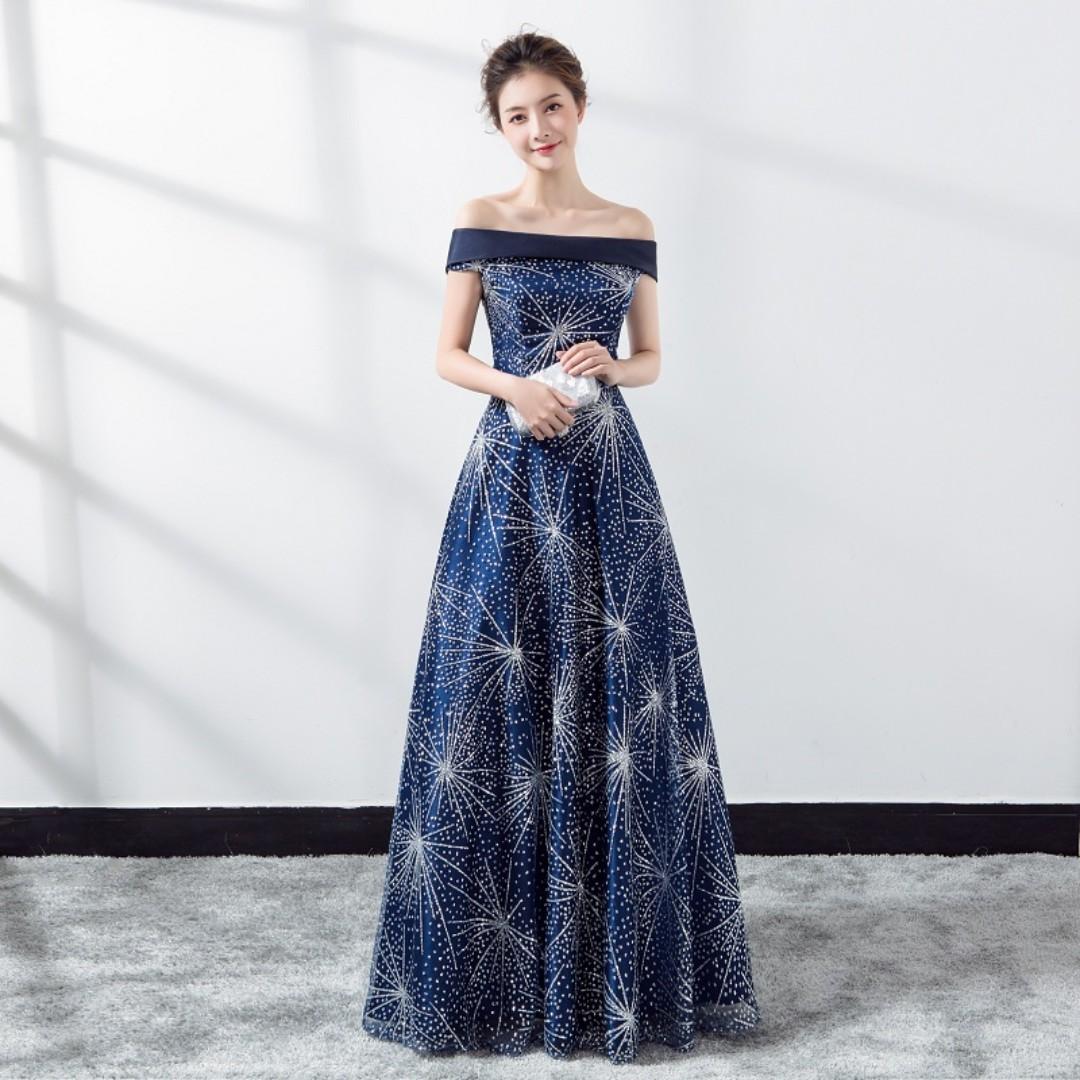 Pre Order Blue Gold Glitter Star Galaxy Off Shoulder Wedding