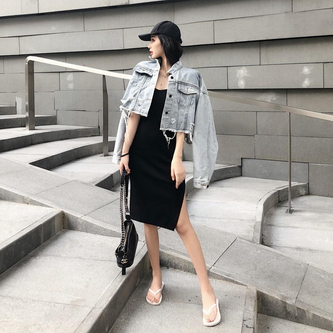 Denim jacket with bodycon 2025 dress