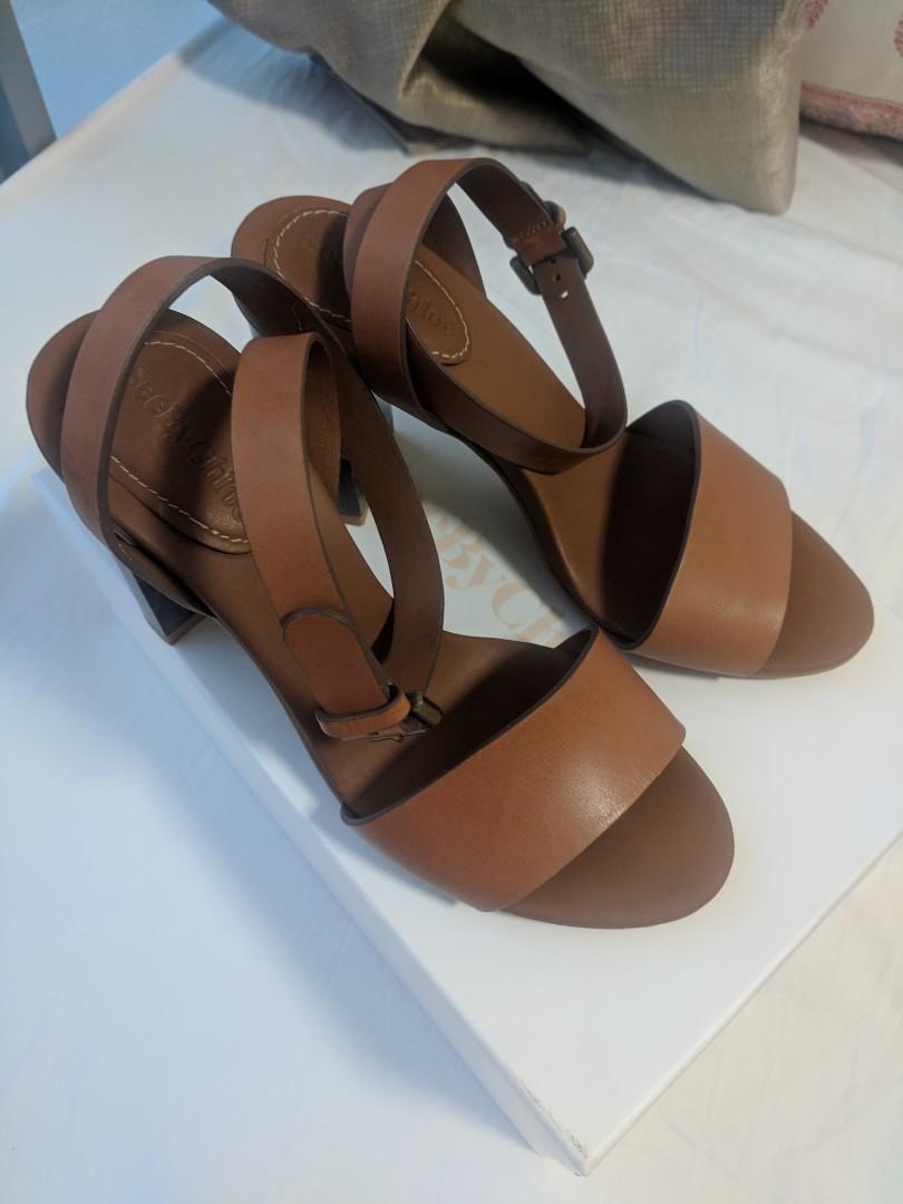 tan block sandal heels