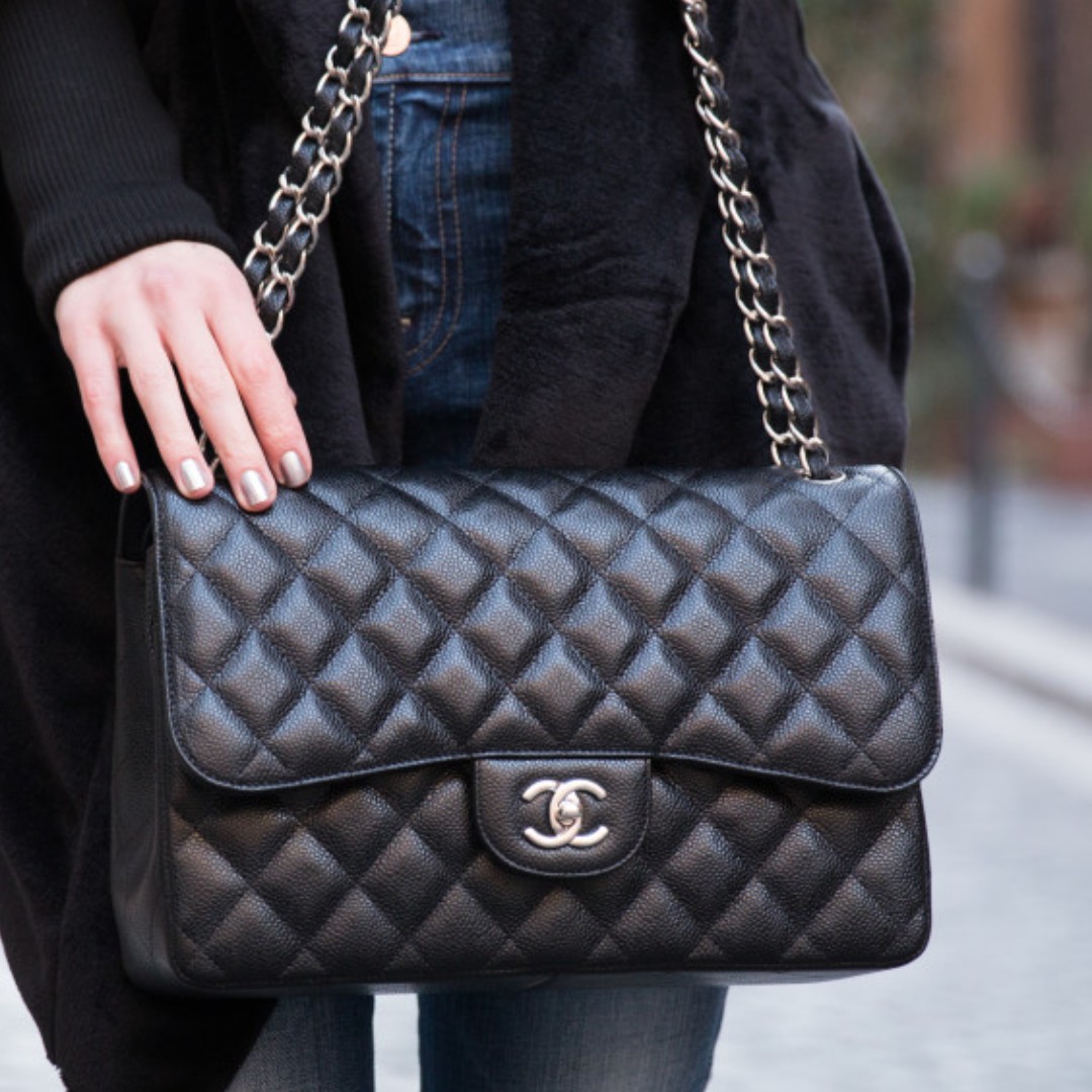 Chanel Black Quilted Caviar Jumbo Classic Double Flap Bag Silver