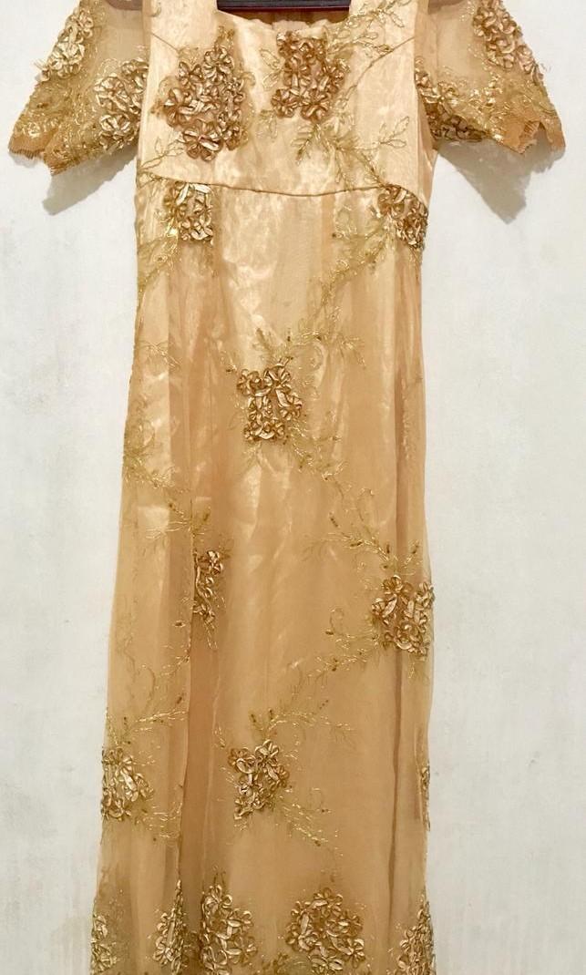 Gaun Brukat Bunga Warna Coklat Emas Fesyen Wanita Pakaian Wanita