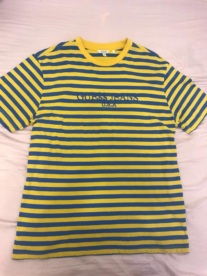 Sædvanlig Tick reagere Guess Jeans USA X Asap Rocky Yellow Blue Striped Tee Shirt, Men's Fashion,  Tops & Sets, Tshirts & Polo Shirts on Carousell