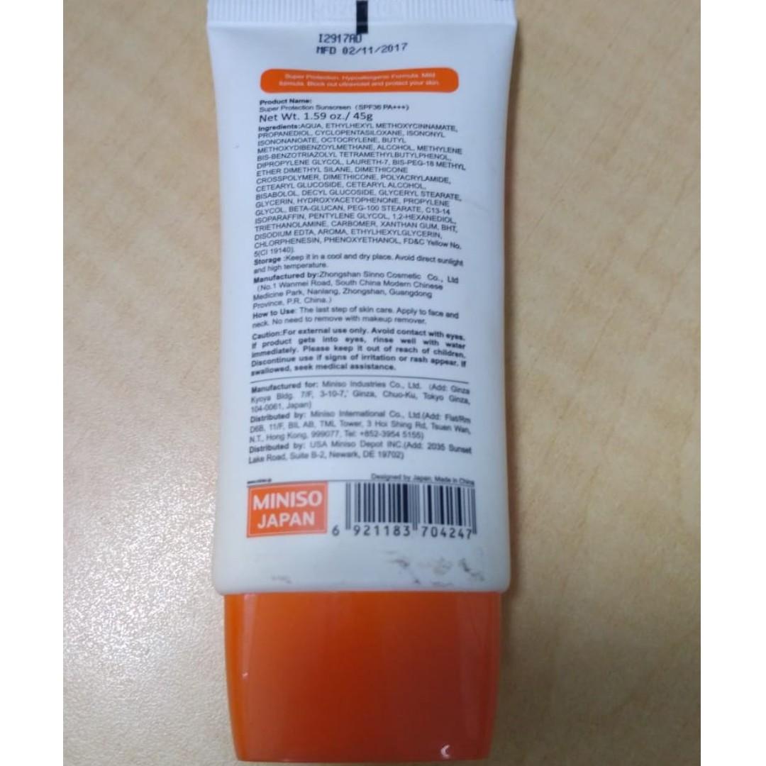 Miniso Sunscreen Spf 36 Pa Super Protection Preloved Kesehatan Kecantikan Kulit Sabun Tubuh Di Carousell