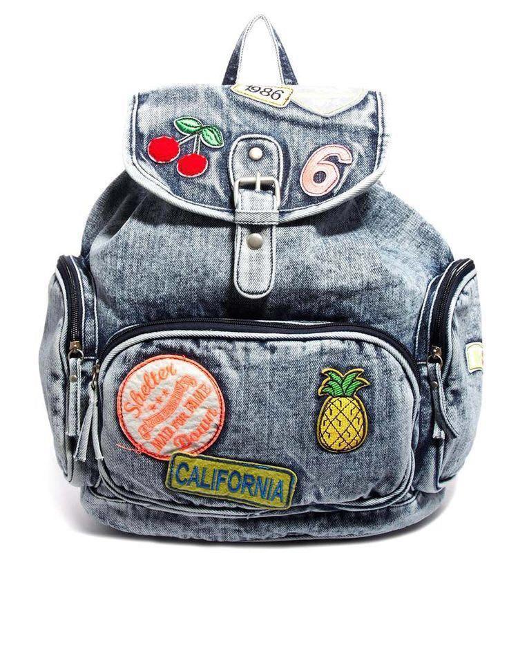 New Look Acid Wash Denim Backpack with Patches