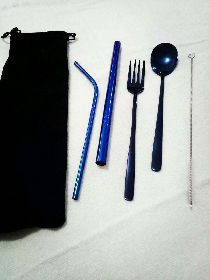 Stainless Steel Blue Cutlery Set Spoon Fork Straws Home Furniture Home Appliances Other Kitchen Appliances On Carousell