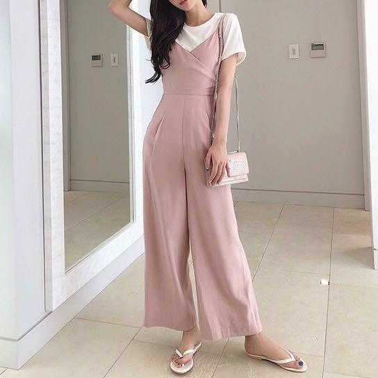 Pink Korean Overalls Jumpsuit Dungaree H M For Women Woman Ladies Girl Long Slim Trousers Pant Culotte Loose Casual Elegant Jumpsuit V Neck High Waist Ulzzang Women S Fashion Clothes Rompers Jumpsuits On Carousell