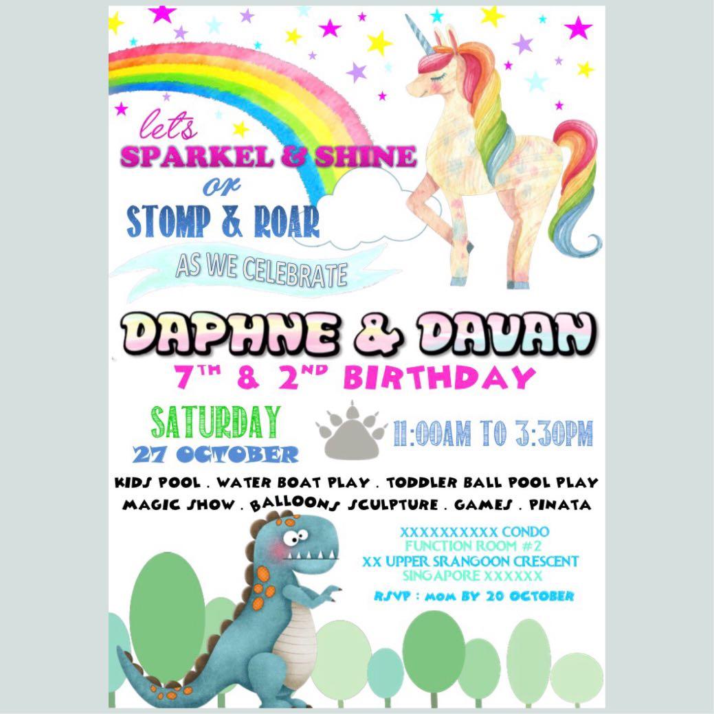 Unicorn And Dinosaur Theme Birthday Invitation Digital Card