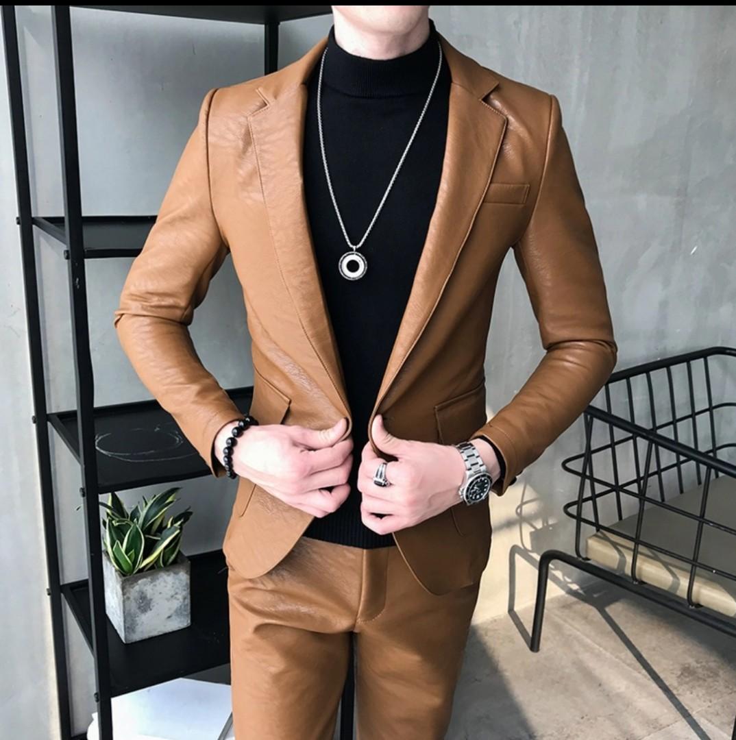 Men leather jacket suit pants slim fit faux leather, Men's Fashion