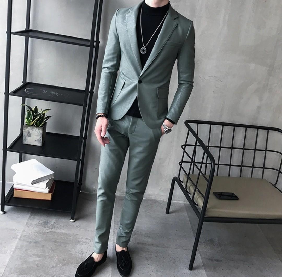 Men leather jacket suit pants slim fit faux leather, Men's Fashion