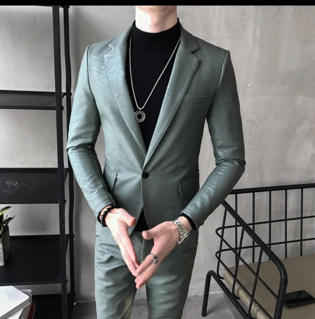 Men leather jacket suit pants slim fit faux leather, Men's Fashion