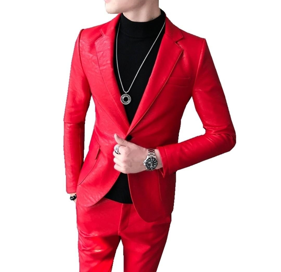 Men leather jacket suit pants slim fit faux leather, Men's Fashion
