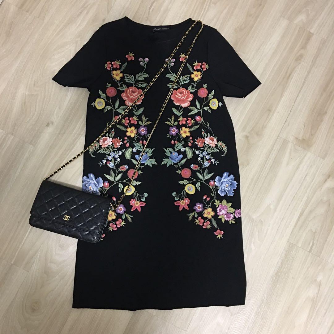 zara black floral print dress