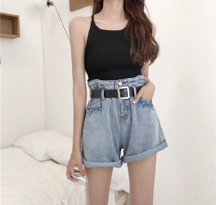 paperbag denim mom shorts