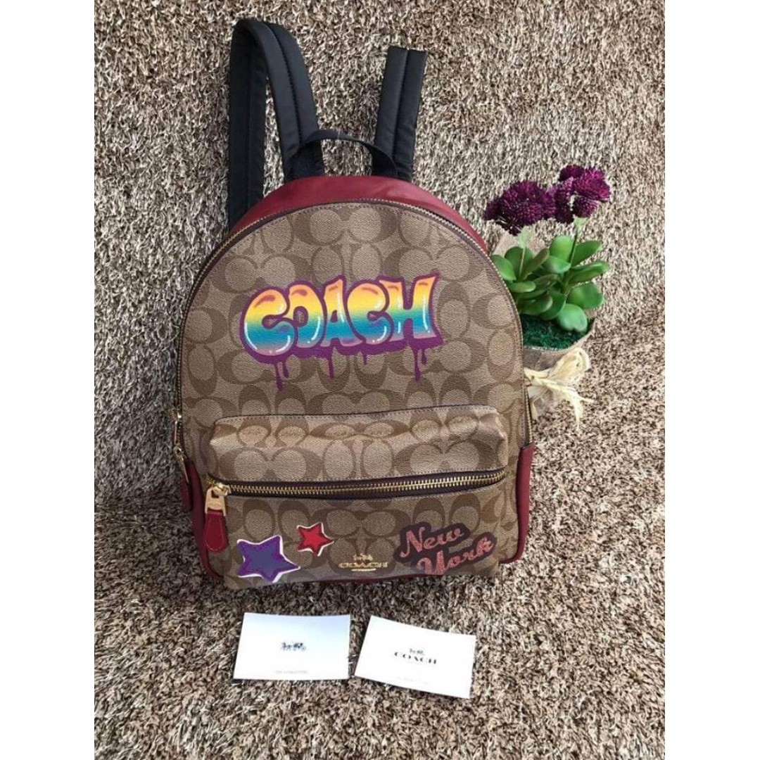 Authentic Coach Medium Charlie Backpack In Signature Canvas with Graffiti F31499 Khaki