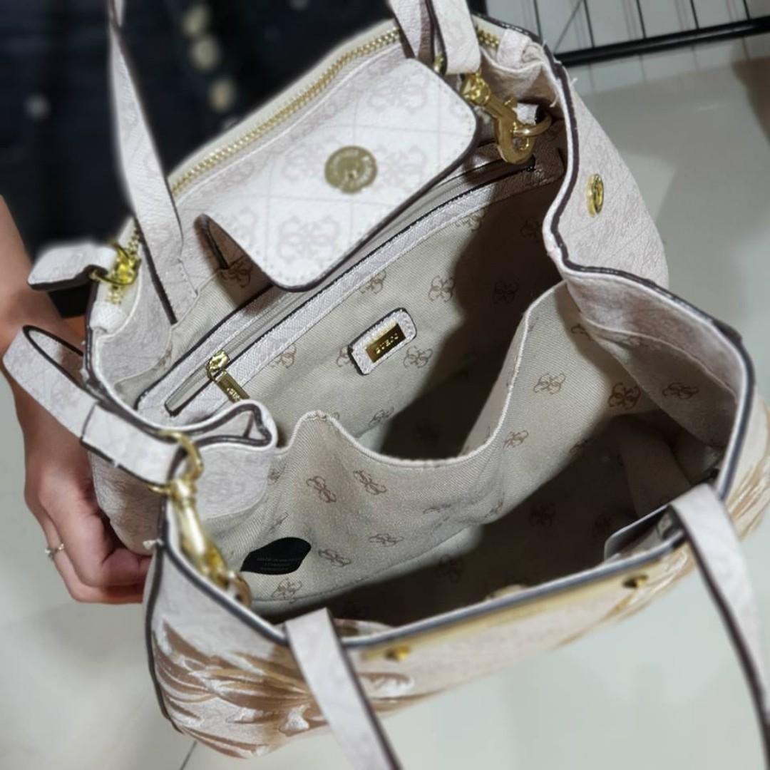 Guess Britta Embroidered Small Society Satchel Beige Women s Fashion Bags Wallets Cross body Bags on Carousell