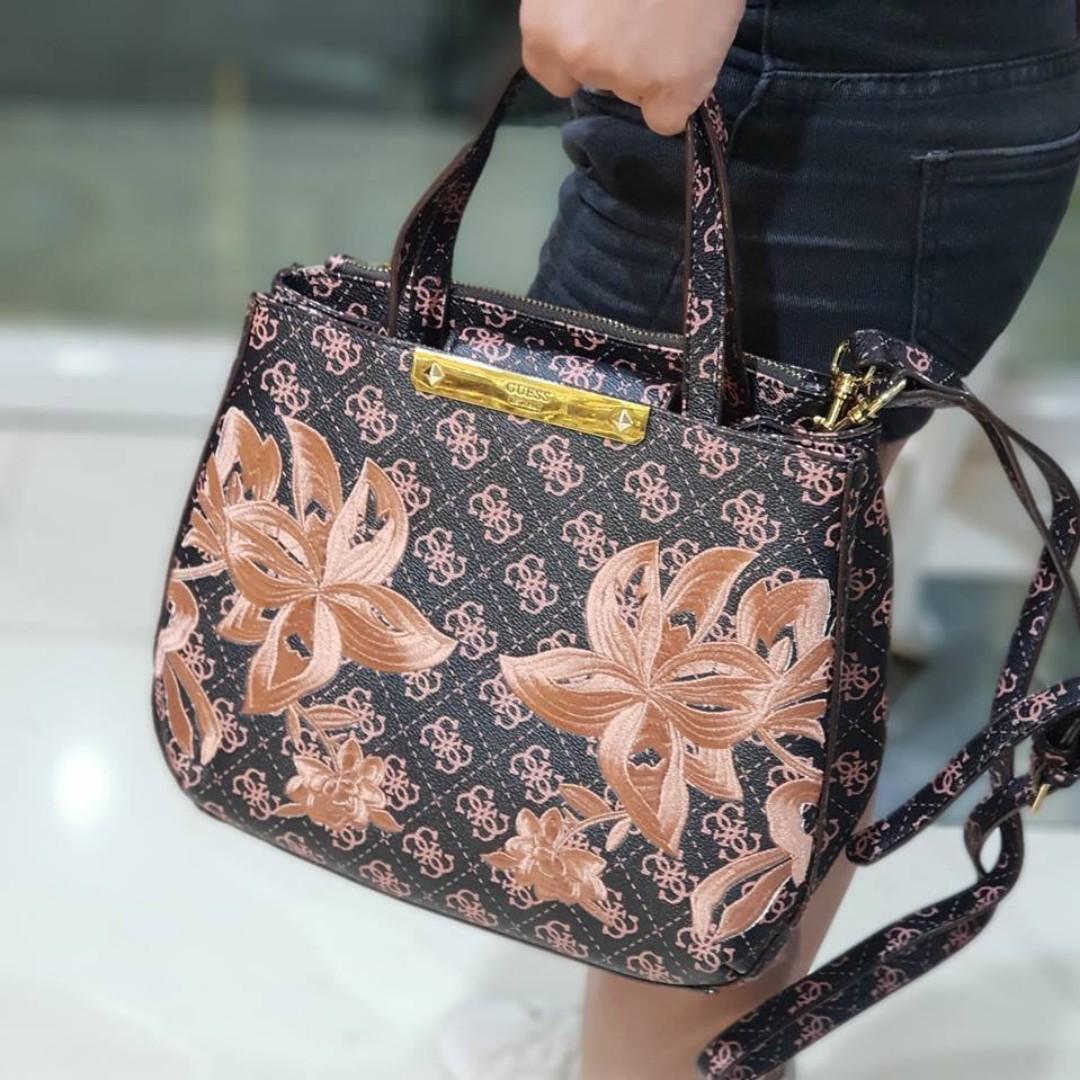 Guess Britta Embroidered Small Society Satchel Black Light Pink Women s Fashion Bags Wallets Cross body Bags on Carousell