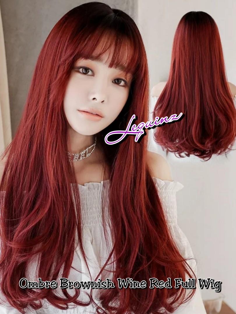 Ombre Black To Brownish Wine Red Air Bangs Full Head Wig Women S Fashion Accessories Hair Accessories On Carousell