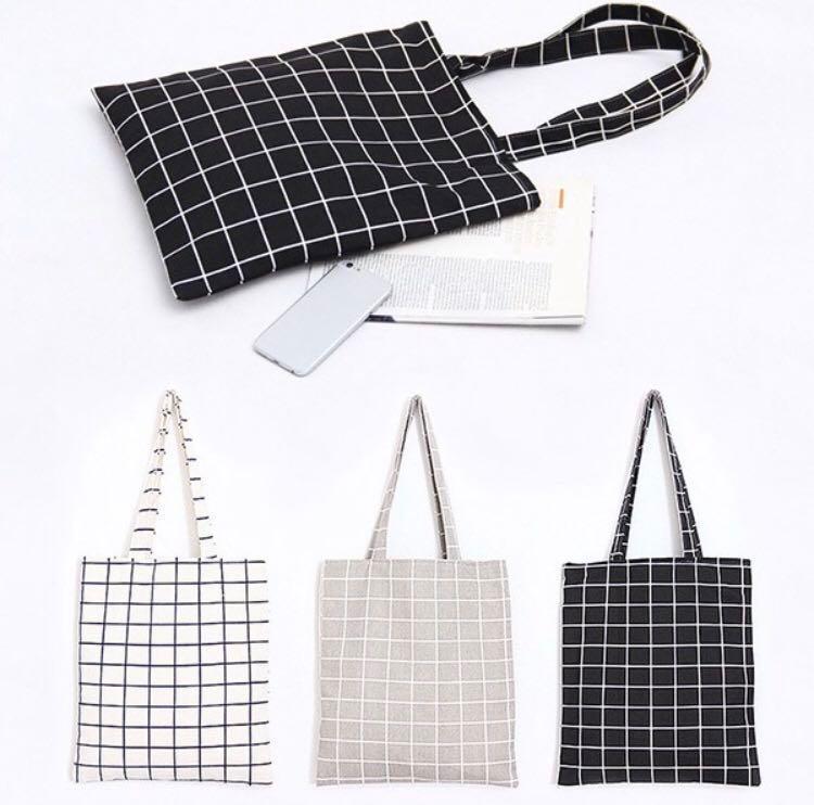 Aesthetic Grid Canvas Tote Bag Women S Fashion Bags Wallets