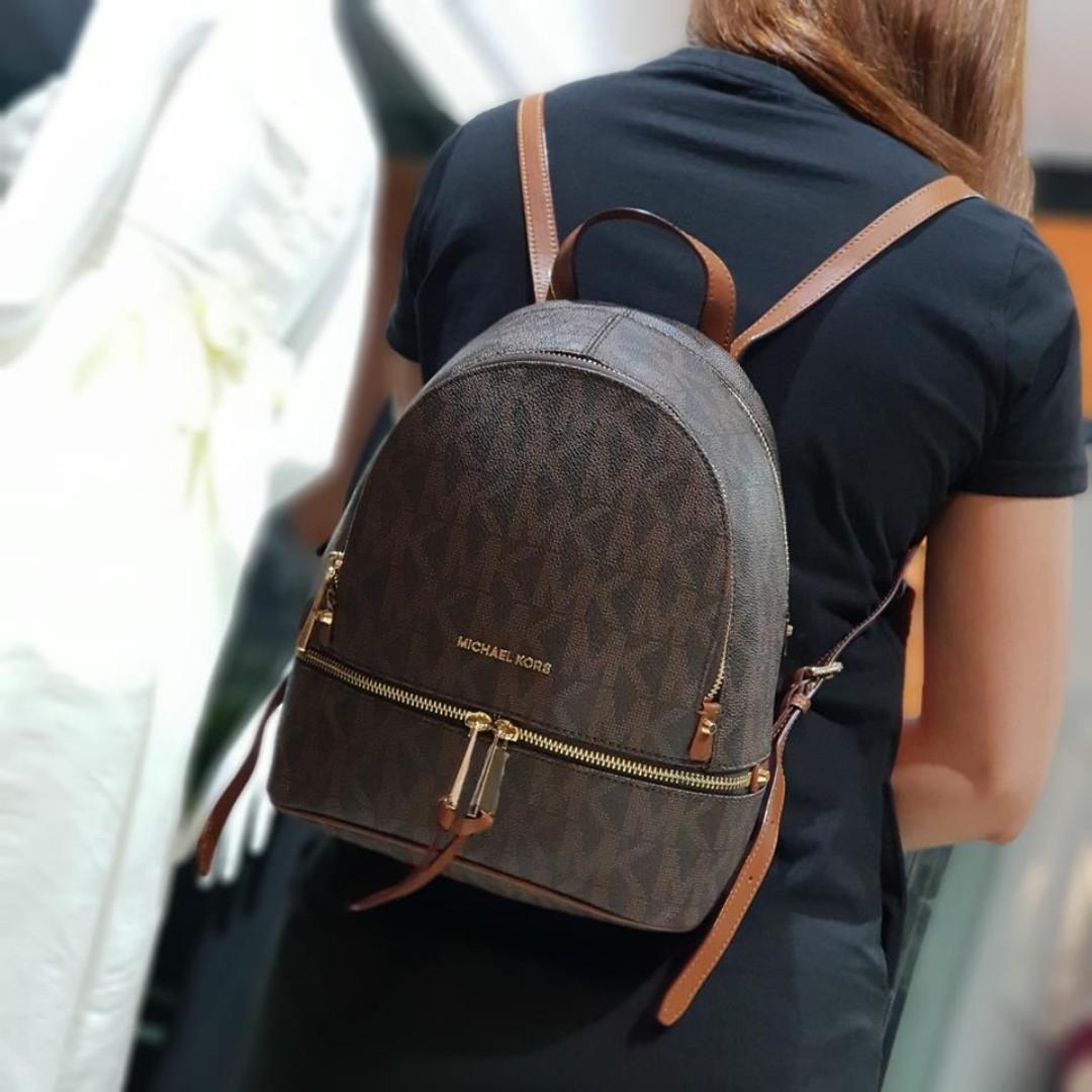 Authentic Michael Kors Rhea Medium Monogram Backpack - Brown, Women's ...