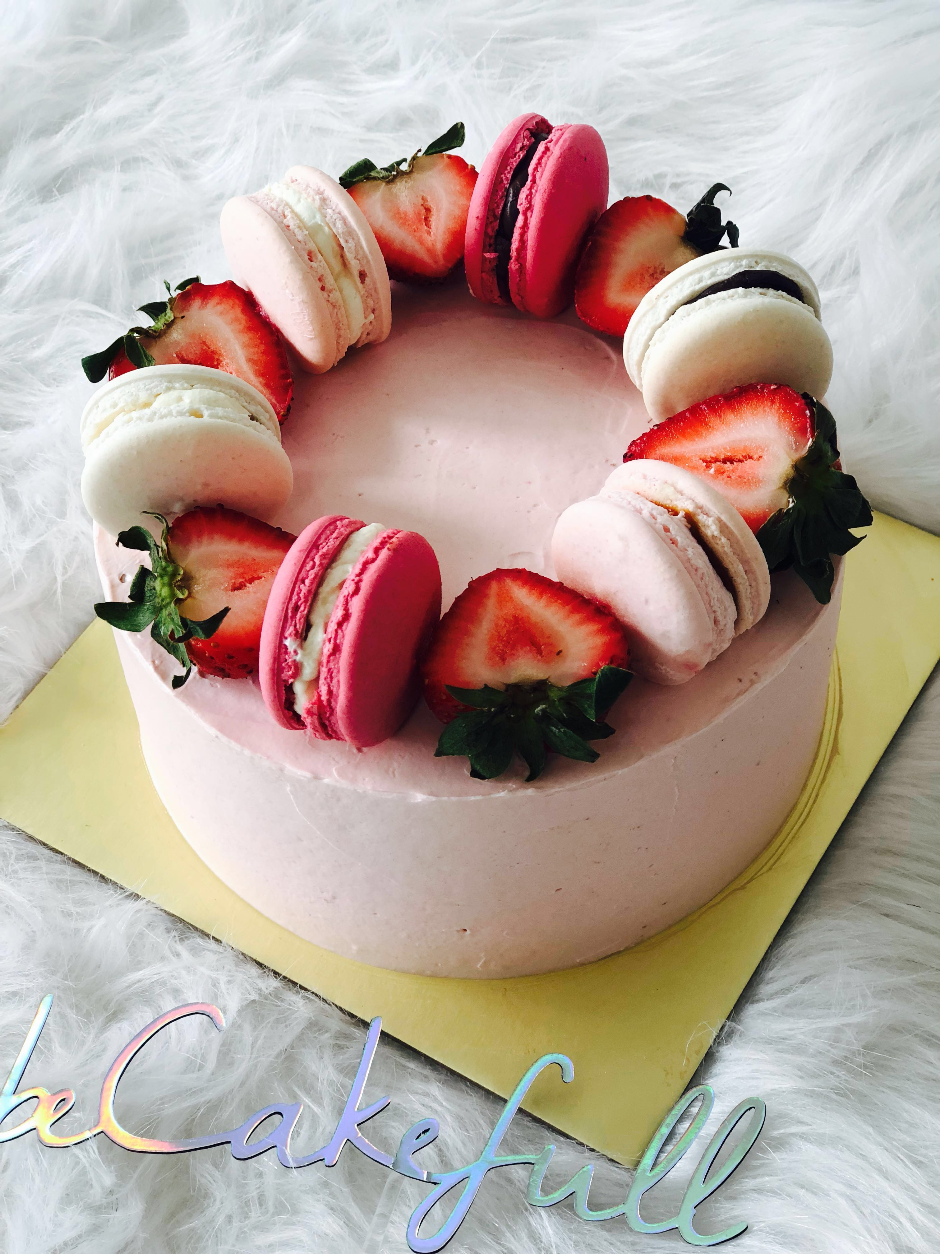 Strawberries And Macarons Cake Food Drinks Baked Goods On