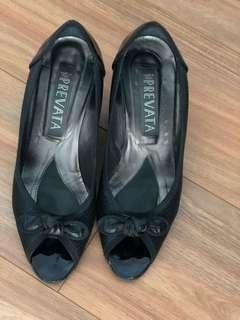 Prevata Italy Black Open Toe Wedge Pumps