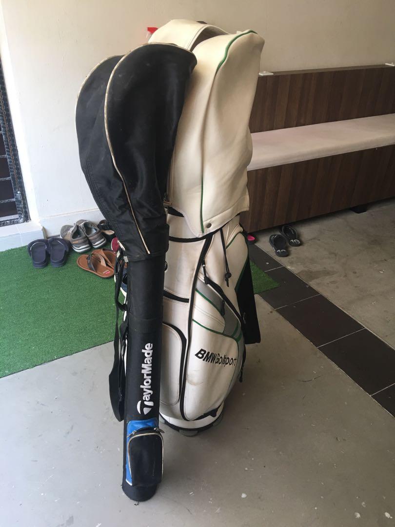 BMW Golf bag with Bio driver and 3 wood, Nike rescue, callaway X hot