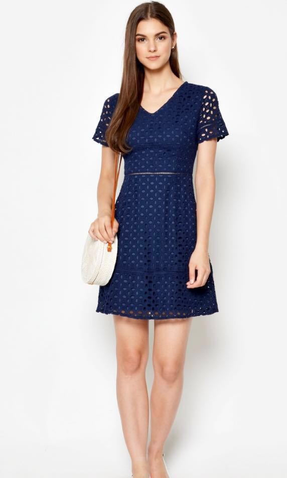 Navy Blue Lace Eyelet Dress