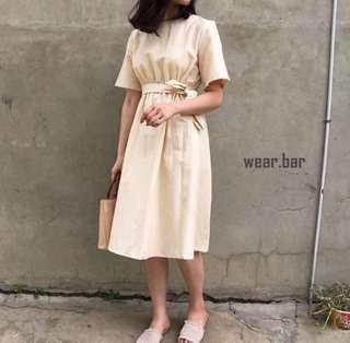 杏色 小姐姐風棉麻綁帶洋裝