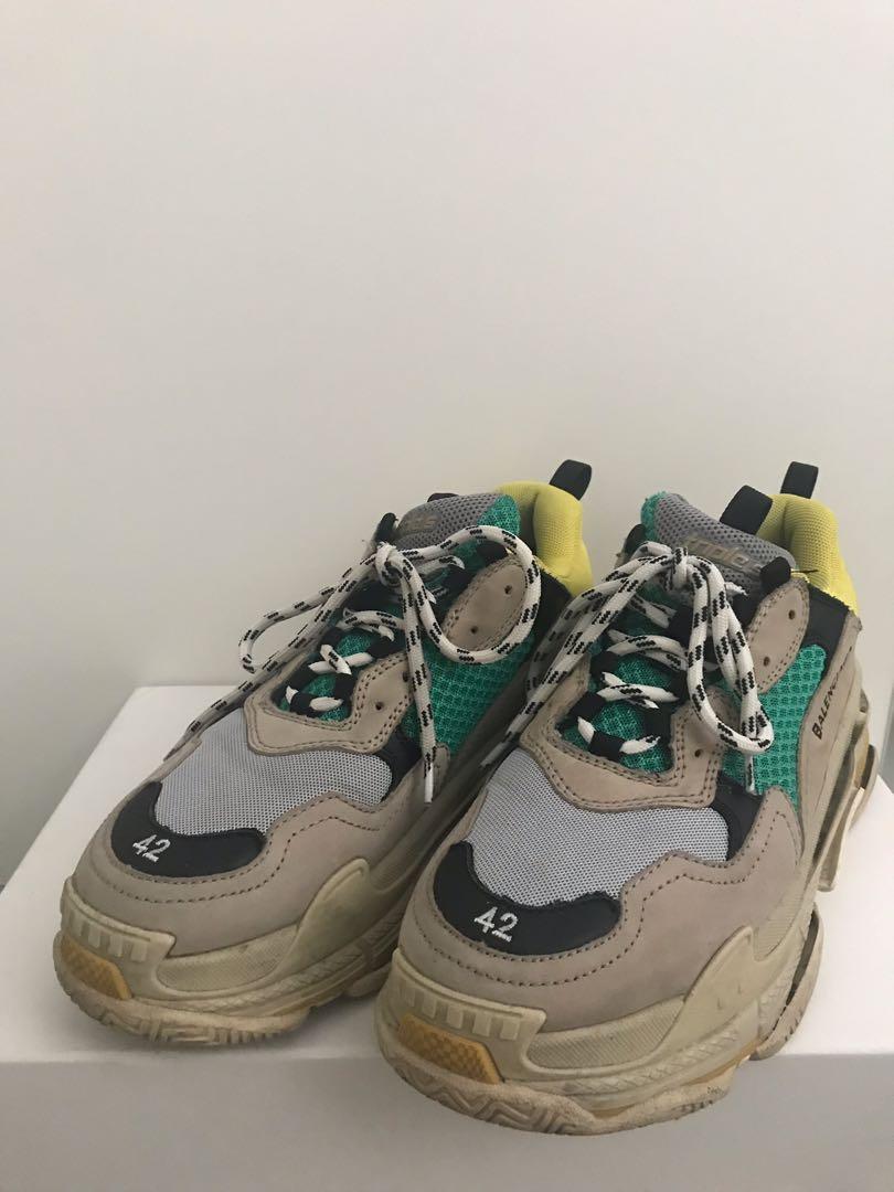 Balenciaga Leather Beige And Green Triple S Sneakers for
