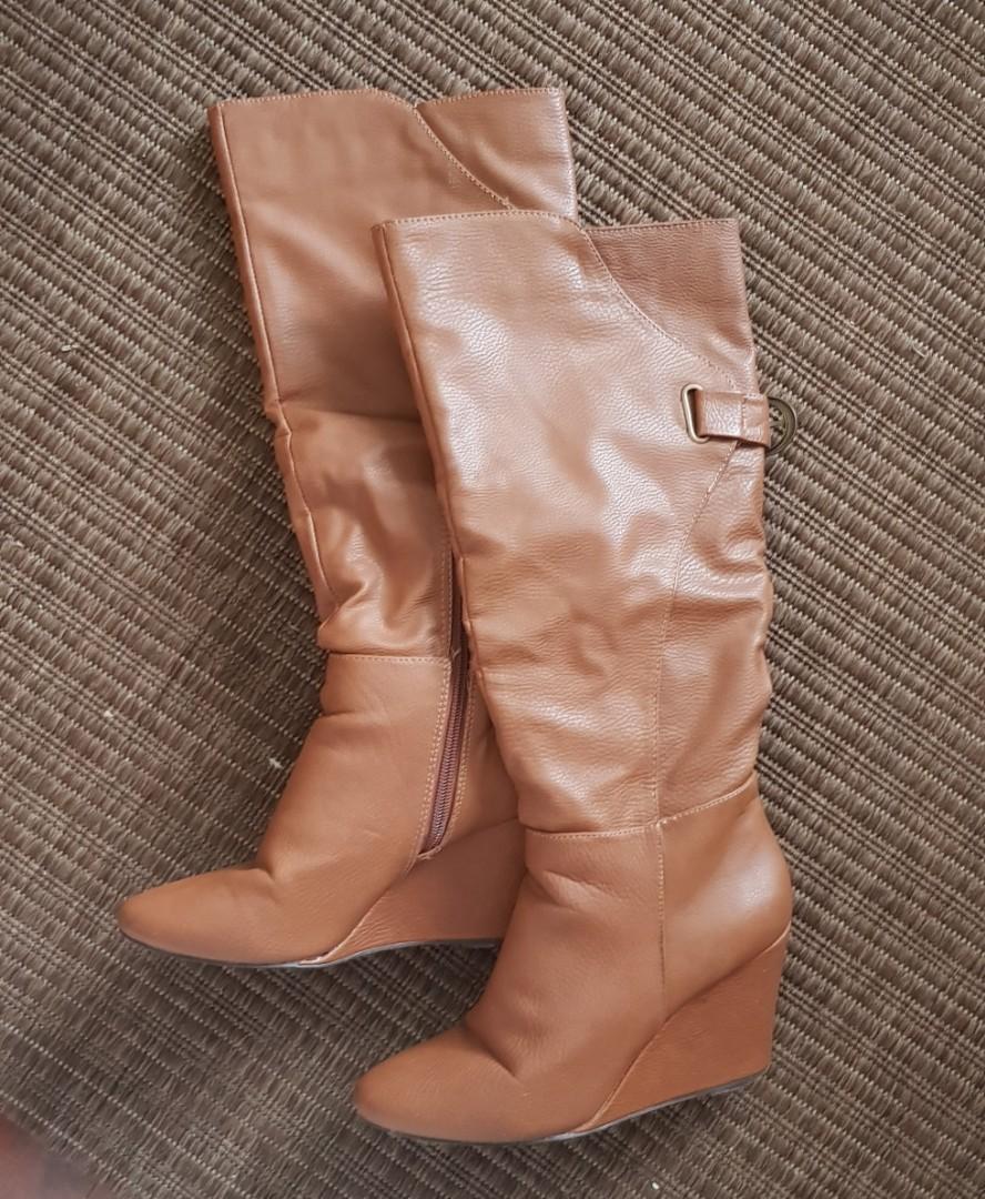 Tan Brown Leather Knee High Wedge Boots 