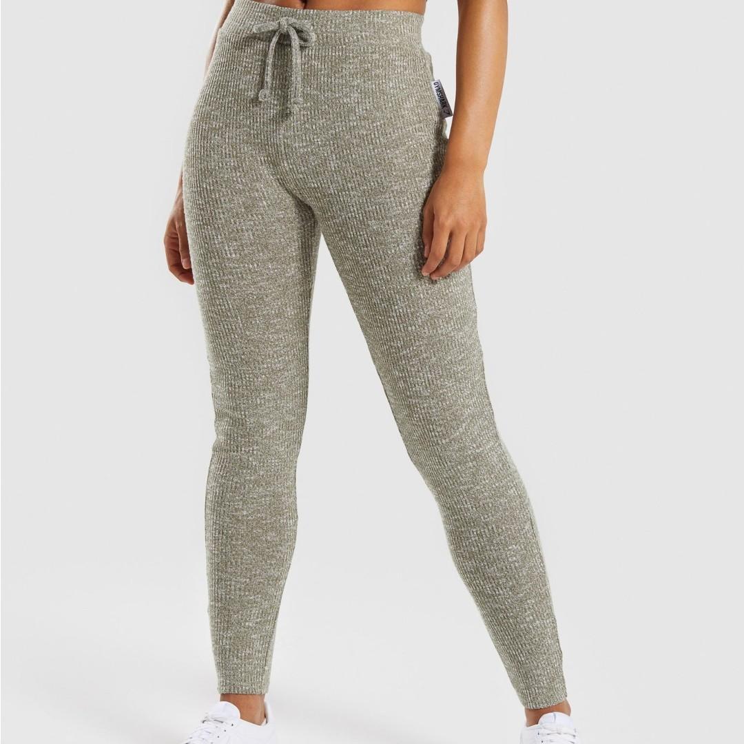 GYMSHARK SLOUNGE LEGGINGS AND HOODIE SET IN WASHED KHAKI MARL Women s Fashion New Undergarments Loungewear on Carousell