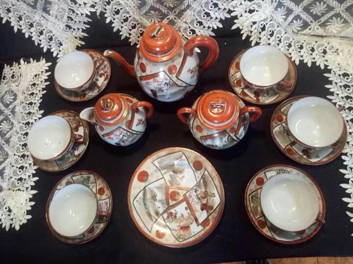 hand painted Kutani antique tea set with Japanese character backstamp