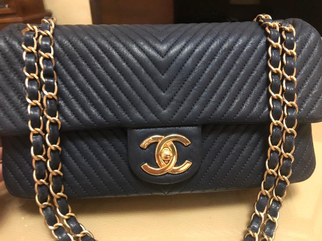 LNIB Chanel Herringbone Chevron Distressed Calfskin Navy Blue with GHW.