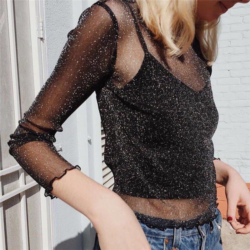 Long sleeve glitter mesh top Women s Fashion Tops Sleeveless on Carousell