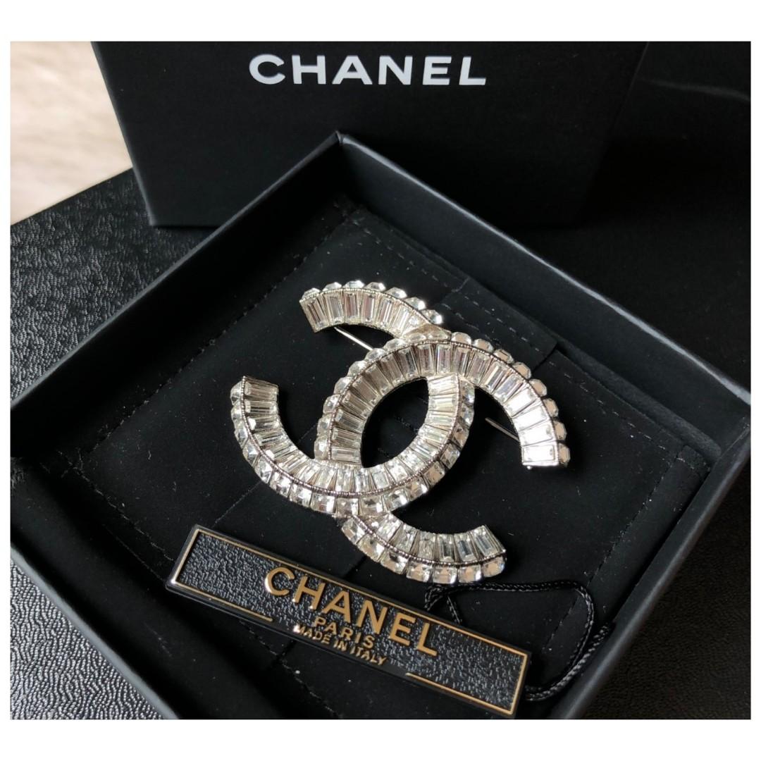 Authentic Chanel Classic CC Silver Rhinestone Brooch, Luxury