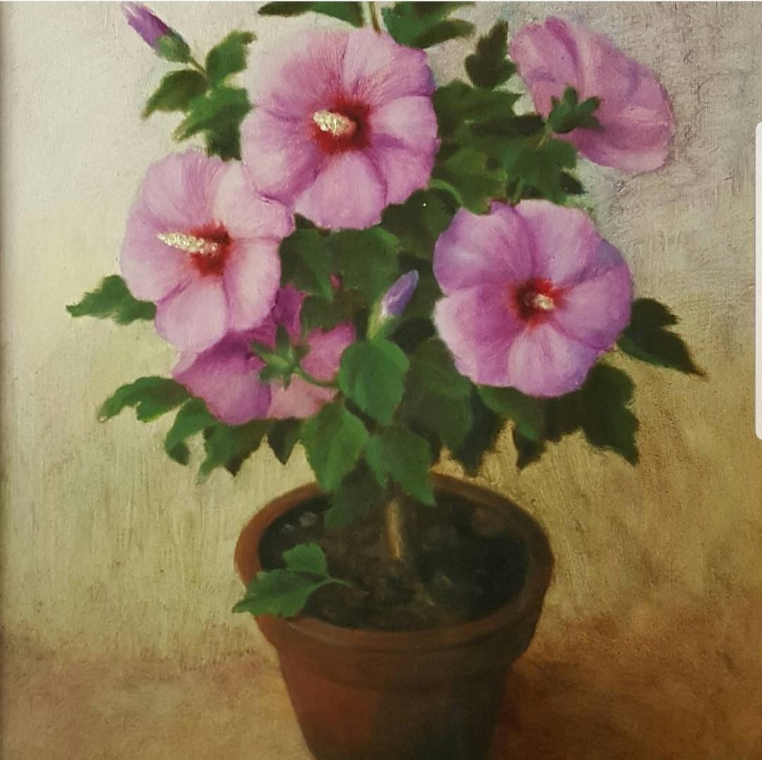 Kembang Sepatu Ungu Oil Painting 40 X 45 Desain Kerajinan Tangan Karya Seni Di Carousell