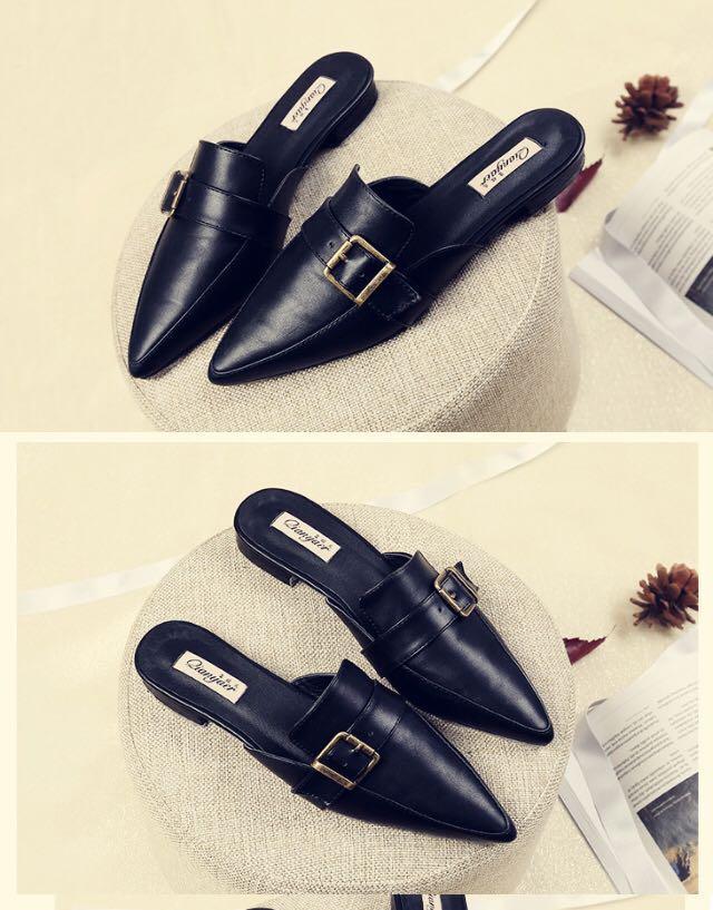 black mules gold buckle