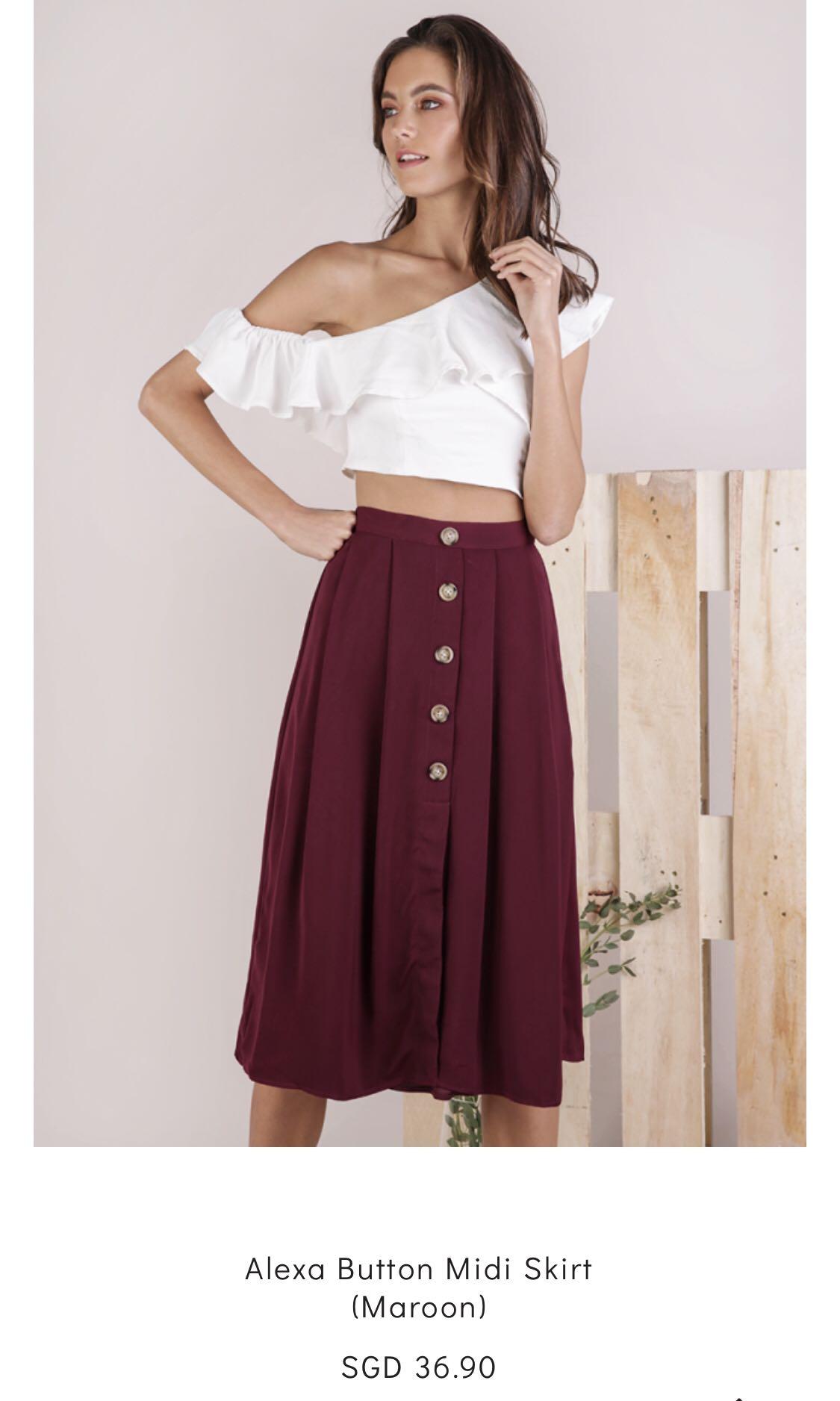 TTR ALEXA BUTTON MIDI SKIRT MAROON Women s Fashion Bottoms Skirts on Carousell